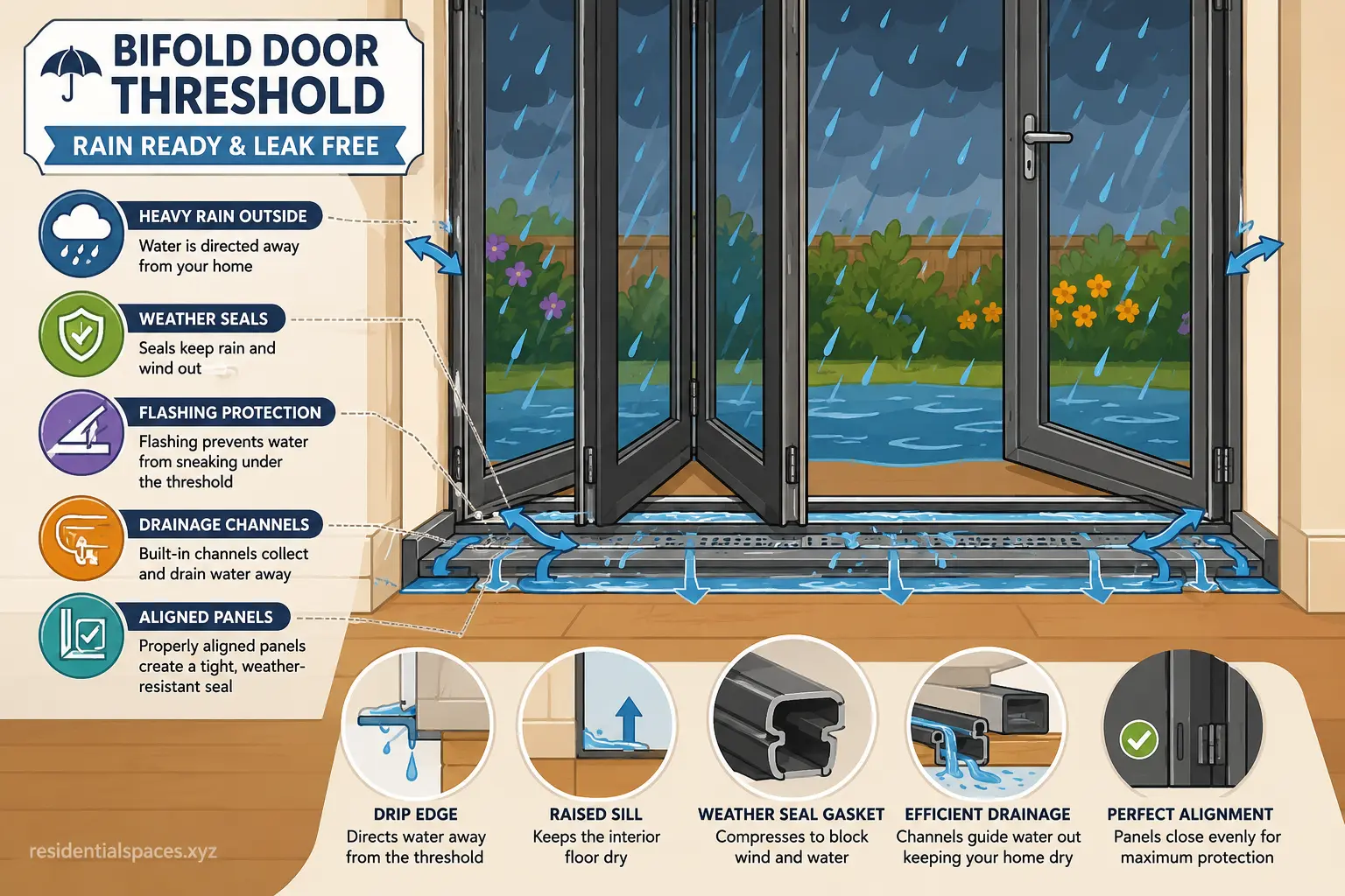 Weatherproof threshold protecting bifold doors from heavy rain