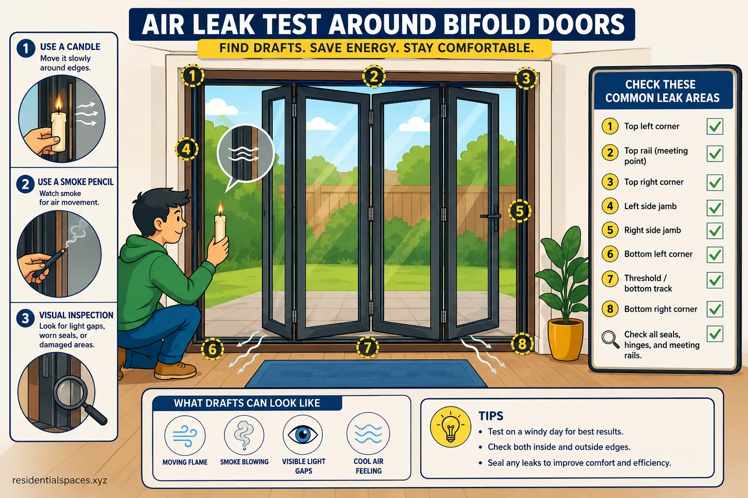 Homeowner testing bifold doors for hidden air leaks